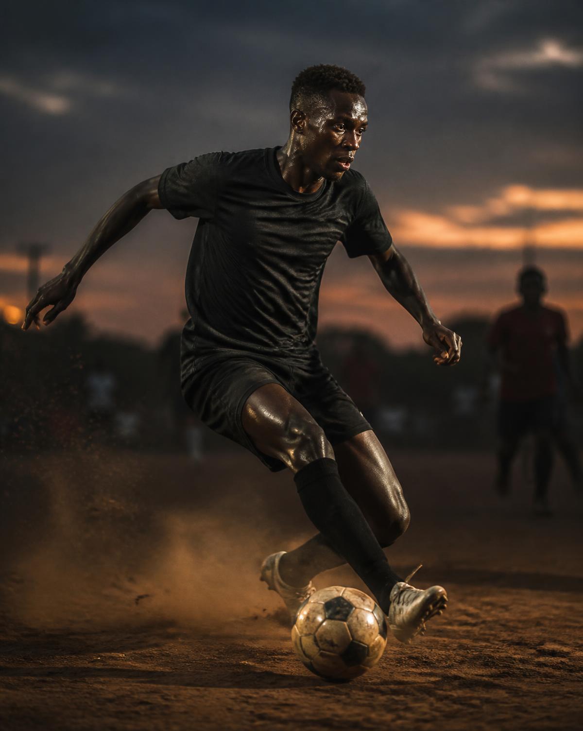Footballer driving forward with the ball on a dusty pitch at sunset