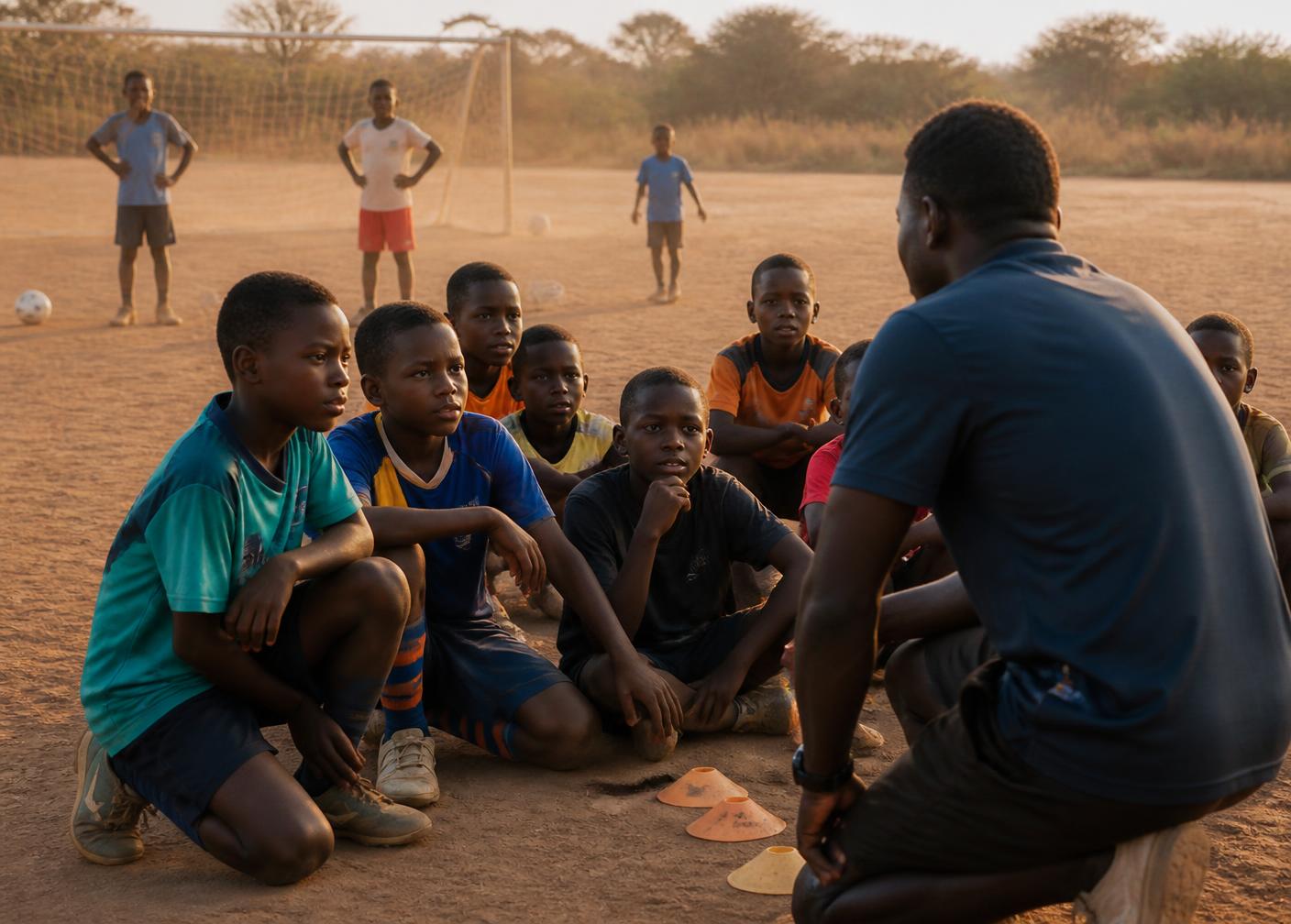 Youth football coaching session on a community pitch in Zambia